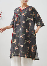 Load image into Gallery viewer, Black Print Linen Dress Tasseled Chinese Button Summer