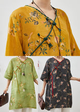 Load image into Gallery viewer, Black Print Linen Dress Tasseled Chinese Button Summer