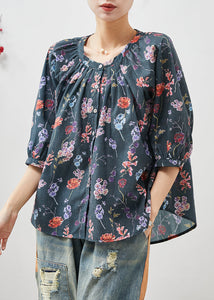 Black Print Linen Shirt Oversized Half Sleeve