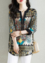 Load image into Gallery viewer, Black Print Patchwork Chiffon Shirt Tops V Neck Nail Bead Summer