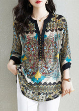 Load image into Gallery viewer, Black Print Patchwork Chiffon Shirt Tops V Neck Nail Bead Summer