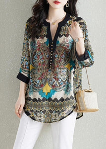 Black Print Patchwork Chiffon Shirt Tops V Neck Nail Bead Summer