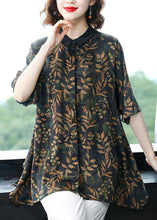 Load image into Gallery viewer, Black Print Patchwork Loose Silk Top Peter Pan Collar Summer