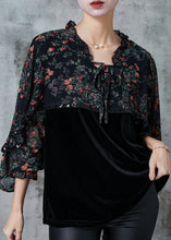 Load image into Gallery viewer, Black Print Patchwork Silk Velour Top Ruffled Cloak Sleeves