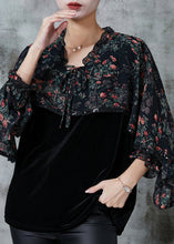 Load image into Gallery viewer, Black Print Patchwork Silk Velour Top Ruffled Cloak Sleeves