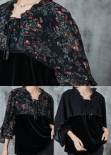 Load image into Gallery viewer, Black Print Patchwork Silk Velour Top Ruffled Cloak Sleeves