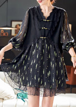 Load image into Gallery viewer, Black Print Silk Holiday Dress Chinese Button Summer