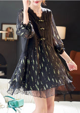 Load image into Gallery viewer, Black Print Silk Holiday Dress Chinese Button Summer