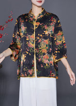 Load image into Gallery viewer, Black Print Silk Shirt Mandarin Collar Button Summer