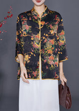 Load image into Gallery viewer, Black Print Silk Shirt Mandarin Collar Button Summer