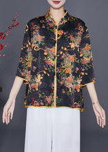 Load image into Gallery viewer, Black Print Silk Shirt Mandarin Collar Button Summer