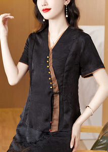 Black Print Silk Shirt V Neck Short Sleeve