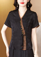 Load image into Gallery viewer, Black Print Silk Shirt V Neck Short Sleeve