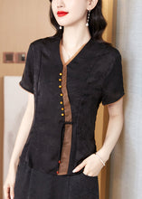 Load image into Gallery viewer, Black Print Silk Shirt V Neck Short Sleeve