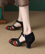 Load image into Gallery viewer, Black Sandals Chunky Heel Suede Elegant Splicing Buckle Strap