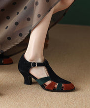 Load image into Gallery viewer, Black Sandals Chunky Heel Suede Elegant Splicing Buckle Strap