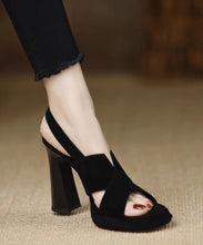 Load image into Gallery viewer, Black Sandals High Heel Sheepskin Women Splicing Peep Toe Buckle Strap