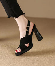 Load image into Gallery viewer, Black Sandals High Heel Sheepskin Women Splicing Peep Toe Buckle Strap