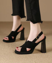 Load image into Gallery viewer, Black Sandals High Heel Sheepskin Women Splicing Peep Toe Buckle Strap