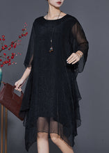 Load image into Gallery viewer, Black Silk Holiday Dresses Asymmetrical Exra Large Hem Summer