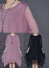 Load image into Gallery viewer, Black Silk Holiday Dresses Asymmetrical Exra Large Hem Summer