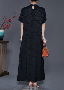 Black Silk Oriental Dresses Mandarin Collar Embroidered Summer