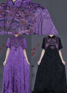 Black Silk Oriental Dresses Mandarin Collar Embroidered Summer