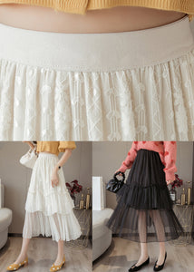 Black Solid Lace Patchwork Chiffon Skirts Elastic Waist