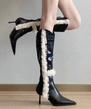 Load image into Gallery viewer, Black Stiletto Faux Leather Teddy Fashion Splicing Boots