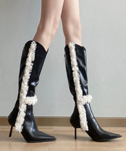 Load image into Gallery viewer, Black Stiletto Faux Leather Teddy Fashion Splicing Boots