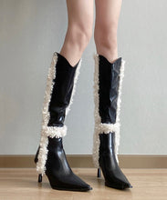 Load image into Gallery viewer, Black Stiletto Faux Leather Teddy Fashion Splicing Boots