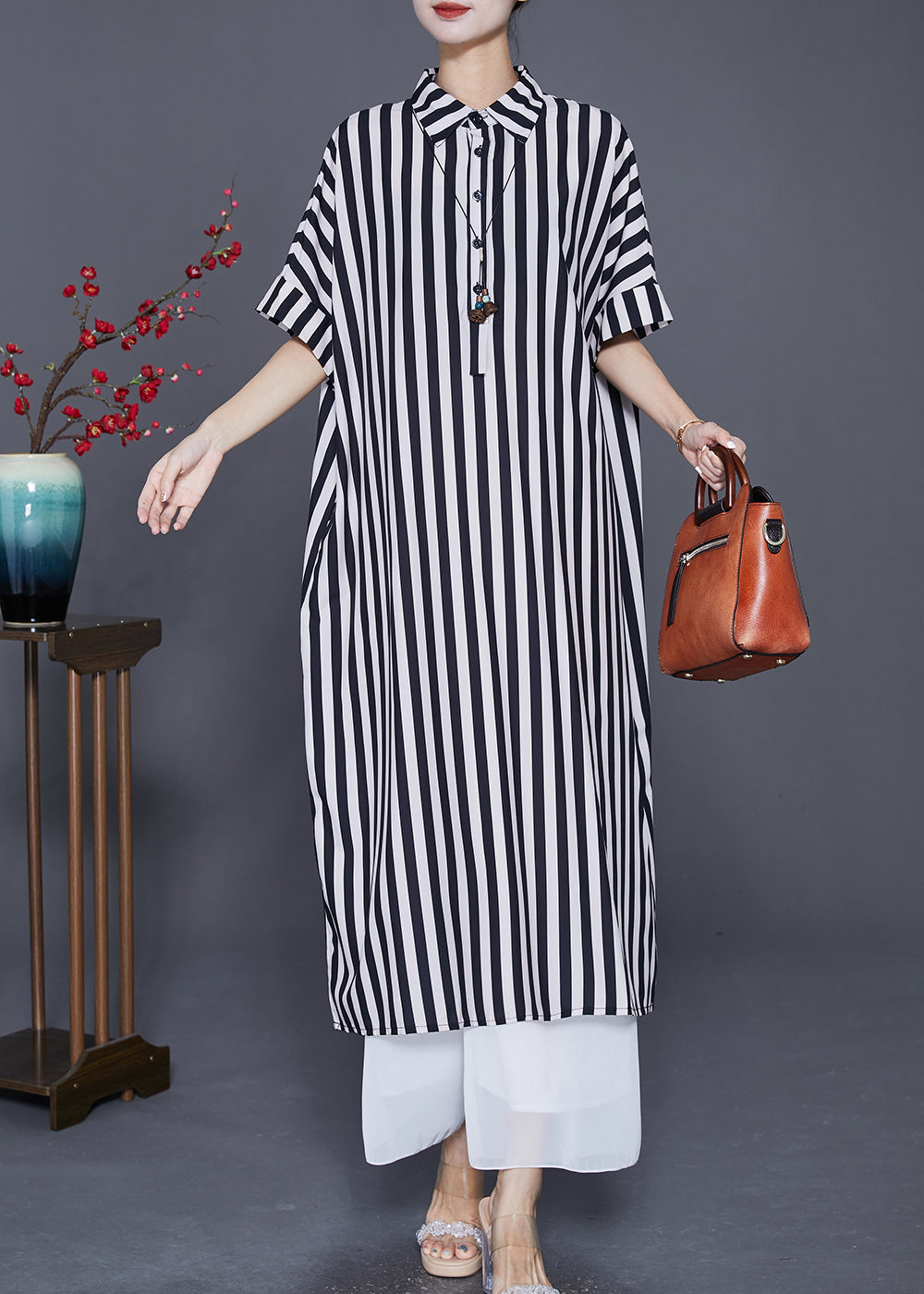 Black Striped Silk Maxi Dresses Oversized Peter Pan Collar Summer