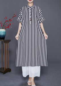 Black Striped Silk Maxi Dresses Oversized Peter Pan Collar Summer