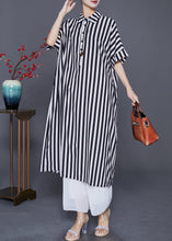 Load image into Gallery viewer, Black Striped Silk Maxi Dresses Oversized Peter Pan Collar Summer