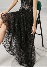 Load image into Gallery viewer, Black Tulle Holiday Skirt Leaf Sequins Spring