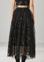 Load image into Gallery viewer, Black Tulle Holiday Skirt Leaf Sequins Spring