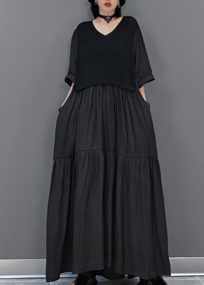 Black Wrinkled Vacation Long Dresses Half Sleeve