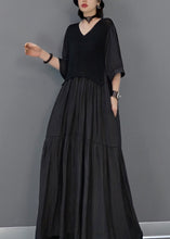 Load image into Gallery viewer, Black Wrinkled Vacation Long Dresses Half Sleeve