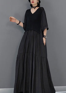 Black Wrinkled Vacation Long Dresses Half Sleeve