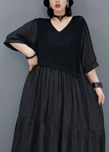 Black Wrinkled Vacation Long Dresses Half Sleeve