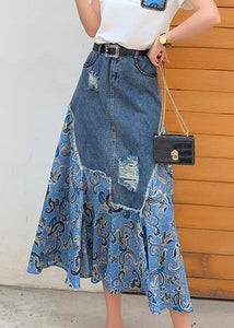 Blue Denim Patchwork High Waist Button Maxi Skir