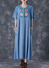 Load image into Gallery viewer, Blue Grey Linen Dress Embroidered Pockets Summer