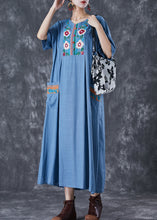 Load image into Gallery viewer, Blue Grey Linen Dress Embroidered Pockets Summer