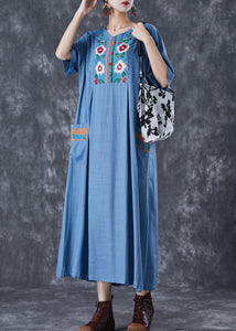 Blue Grey Linen Dress Embroidered Pockets Summer