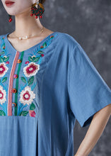 Load image into Gallery viewer, Blue Grey Linen Dress Embroidered Pockets Summer