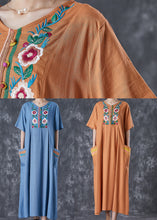 Load image into Gallery viewer, Blue Grey Linen Dress Embroidered Pockets Summer