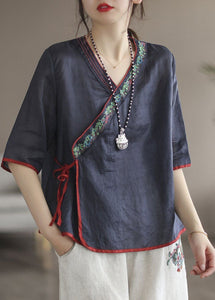 Blue Lace Up Embroidered Linen T Shirt V Neck Half Sleeve