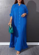 Load image into Gallery viewer, Blue O-Neck Button Vacation Maxi Dresses Long Sleeve