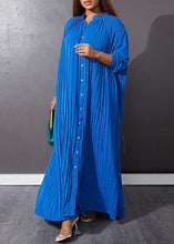 Load image into Gallery viewer, Blue O-Neck Button Vacation Maxi Dresses Long Sleeve