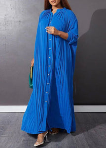 Blue O-Neck Button Vacation Maxi Dresses Long Sleeve